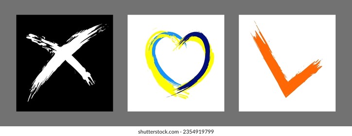 The cross, heart and OK symbol are hand-drawn with a brush. Prohibition, denial, error. Love. Approval, consent. Vector, set of 3 characters