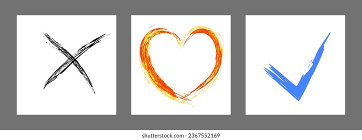 The cross, heart and OK symbol are hand-drawn with a brush. Prohibition, denial, error. Love. Approval, consent. Vector, set of 3 characters