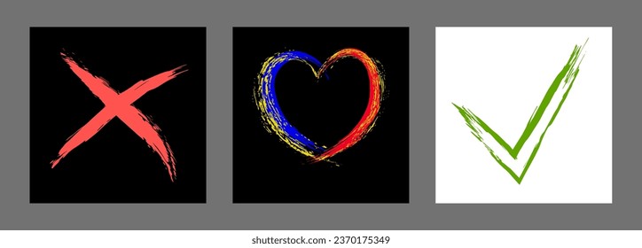 The cross, heart and OK symbol are hand-drawn with a brush. Prohibition, denial, error. Love. Approval, consent. Vector, set of 3 characters