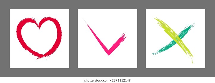 The cross, heart and OK symbol are hand-drawn with a brush. Prohibition, denial, error. Love. Approval, consent. Vector, set of 3 characters