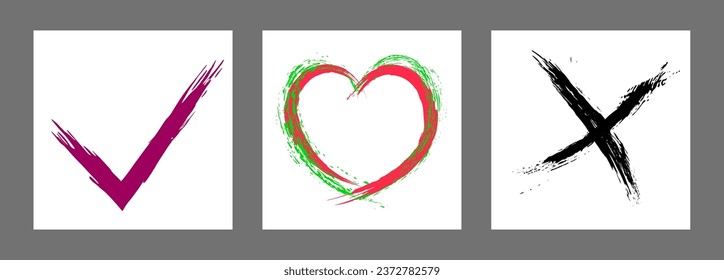 The cross, heart and OK symbol are hand-drawn with a brush. Prohibition, denial, error. Love. Approval, consent. Vector, set of 3 characters