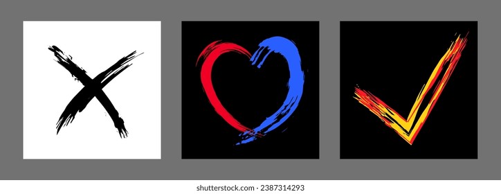 The cross, heart and OK symbol are hand-drawn with a brush. Prohibition, denial, error. Love. Approval, consent. Vector, set of 3 characters