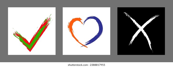 The cross, heart and OK symbol are hand-drawn with a brush. Prohibition, denial, error. Love. Approval, consent. Vector, set of 3 characters