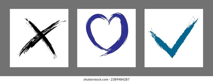 The cross, heart and OK symbol are hand-drawn with a brush. Prohibition, denial, error. Love. Approval, consent. Vector, set of 3 characters