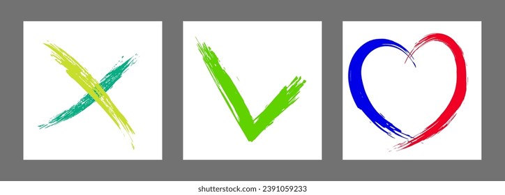 The cross, heart and OK symbol are hand-drawn with a brush. Prohibition, denial, error. Love. Approval, consent. Vector, set of 3 characters