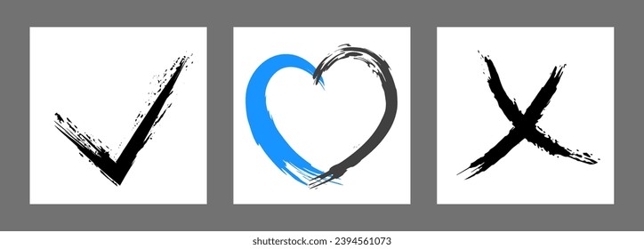 The cross, heart and OK symbol are hand-drawn with a brush. Prohibition, denial, error. Love. Approval, consent. Vector, set of 3 characters