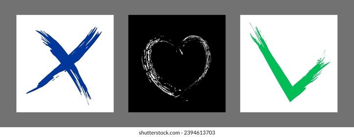 The cross, heart and OK symbol are hand-drawn with a brush. Prohibition, denial, error. Love. Approval, consent. Vector, set of 3 characters