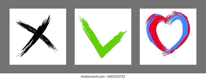The cross, heart and OK symbol are hand-drawn with a brush. Prohibition, denial, error. Love. Approval, consent. Vector, set of 3 characters
