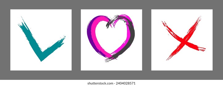 The cross, heart and OK symbol are hand-drawn with a brush. Prohibition, denial, error. Love. Approval, consent. Vector, set of 3 characters
