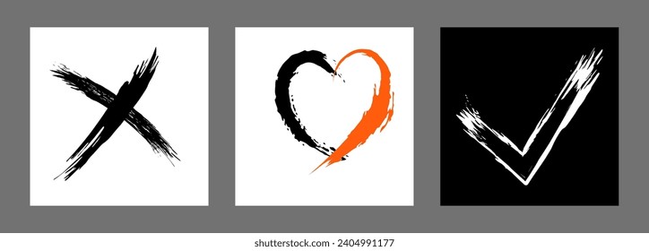 The cross, heart and OK symbol are hand-drawn with a brush. Prohibition, denial, error. Love. Approval, consent. Vector, set of 3 characters