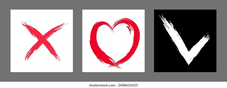 The cross, heart and OK symbol are hand-drawn with a brush. Prohibition, denial, error. Love. Approval, consent. Vector, set of 3 characters