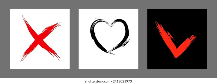 The cross, heart and OK symbol are hand-drawn with a brush. Prohibition, denial, error. Love. Approval, consent. Vector, set of 3 characters