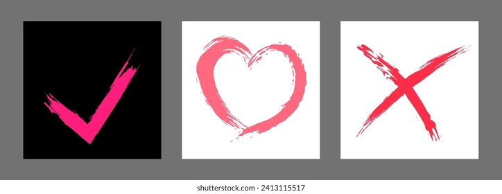 The cross, heart and OK symbol are hand-drawn with a brush. Prohibition, denial, error. Love. Approval, consent. Vector, set of 3 characters