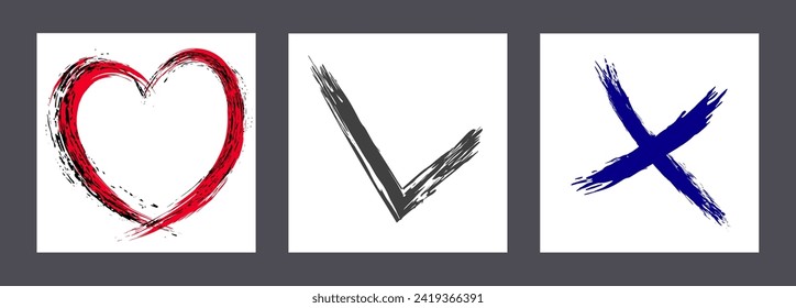 The cross, heart and OK symbol are hand-drawn with a brush. Prohibition, denial, error. Love. Approval, consent. Vector, set of 3 characters