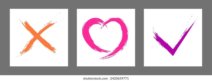 The cross, heart and OK symbol are hand-drawn with a brush. Prohibition, denial, error. Love. Approval, consent. Vector, set of 3 characters