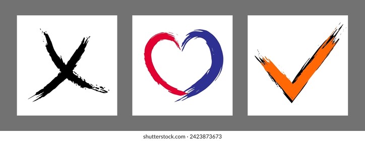 The cross, heart and OK symbol are hand-drawn with a brush. Prohibition, denial, error. Love. Approval, consent. Vector, set of 3 characters