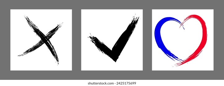 La cruz, el corazón y el símbolo OK están dibujados a mano con un pincel. Prohibición, negación, error. Amor. Aprobación, consentimiento. Vector, conjunto de 3 caracteres