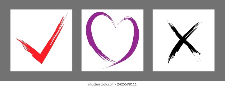 Kreuz, Herz und OK-Symbol werden mit einem Pinsel handgezeichnet. Prohibition, Verleugnung, Irrtum. Liebe. Genehmigung, Zustimmung. Vektor, Satz von 3 Zeichen