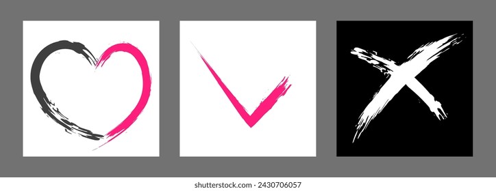 The cross, heart and OK symbol are hand-drawn with a brush. Prohibition, denial, error. Love. Approval, consent. Vector, set of 3 characters