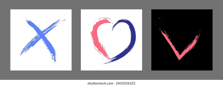 The cross, heart and OK symbol are hand-drawn with a brush. Prohibition, denial, error. Love. Approval, consent. Vector, set of 3 characters