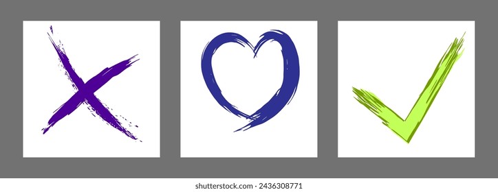 The cross, heart and OK symbol are hand-drawn with a brush. Prohibition, denial, error. Love. Approval, consent. Vector, set of 3 characters