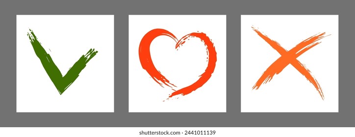 The cross, heart and OK symbol are hand-drawn with a brush. Prohibition, denial, error. Love. Approval, consent. Vector, set of 3 characters