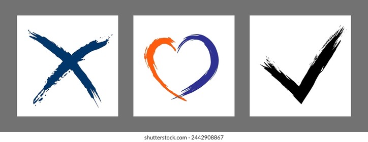 The cross, heart and OK symbol are hand-drawn with a brush. Prohibition, denial, error. Love. Approval, consent. Vector, set of 3 characters