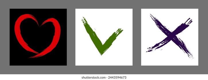 The cross, heart and OK symbol are hand-drawn with a brush. Prohibition, denial, error. Love. Approval, consent. Vector, set of 3 characters