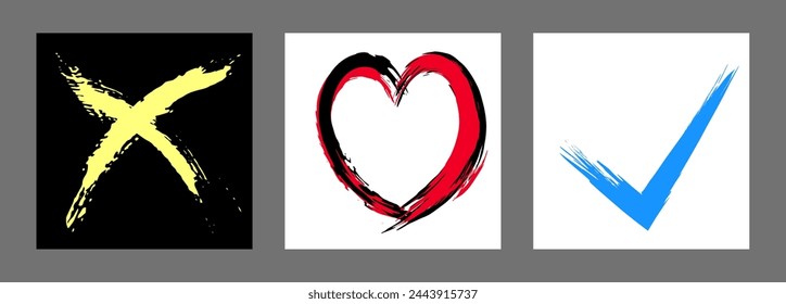 The cross, heart and OK symbol are hand-drawn with a brush. Prohibition, denial, error. Love. Approval, consent. Vector, set of 3 characters