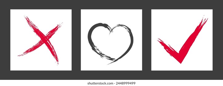 The cross, heart and OK symbol are hand-drawn with a brush. Prohibition, denial, error. Love. Approval, consent. Vector, set of 3 characters