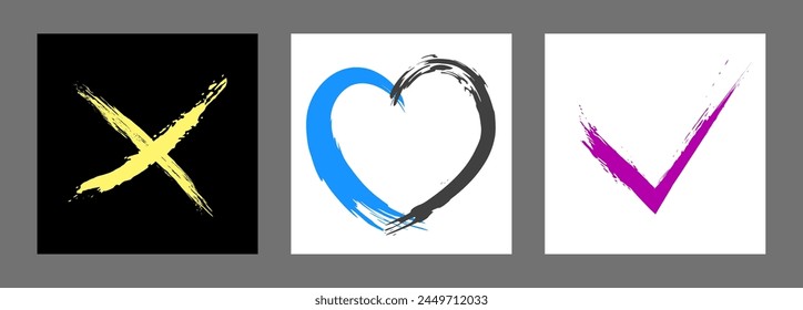 The cross, heart and OK symbol are hand-drawn with a brush. Prohibition, denial, error. Love. Approval, consent. Vector, set of 3 characters