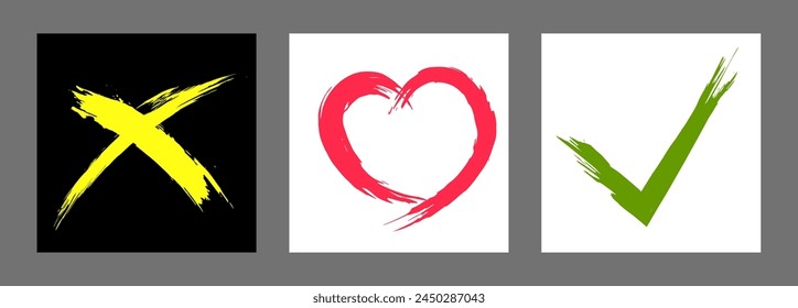 The cross, heart and OK symbol are hand-drawn with a brush. Prohibition, denial, error. Love. Approval, consent. Vector, set of 3 characters