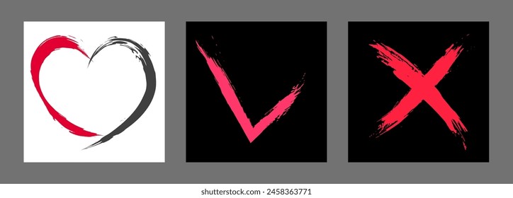 The cross, heart and OK symbol are hand-drawn with a brush. Prohibition, denial, error. Love. Approval, consent. Vector, set of 3 characters