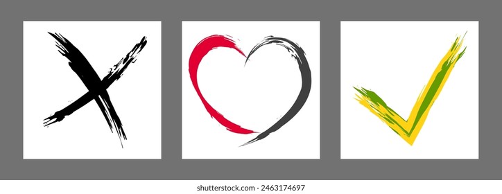 The cross, heart and OK symbol are hand-drawn with a brush. Prohibition, denial, error. Love. Approval, consent. Vector, set of 3 characters