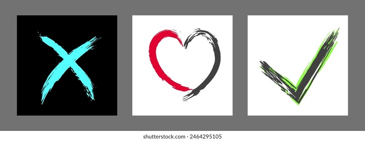 The cross, heart and OK symbol are hand-drawn with a brush. Prohibition, denial, error. Love. Approval, consent. Vector, set of 3 characters