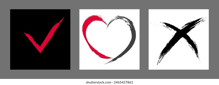 The cross, heart and OK symbol are hand-drawn with a brush. Prohibition, denial, error. Love. Approval, consent. Vector, set of 3 characters