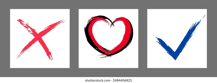 The cross, heart and OK symbol are hand-drawn with a brush. Prohibition, denial, error. Love. Approval, consent. Vector, set of 3 characters