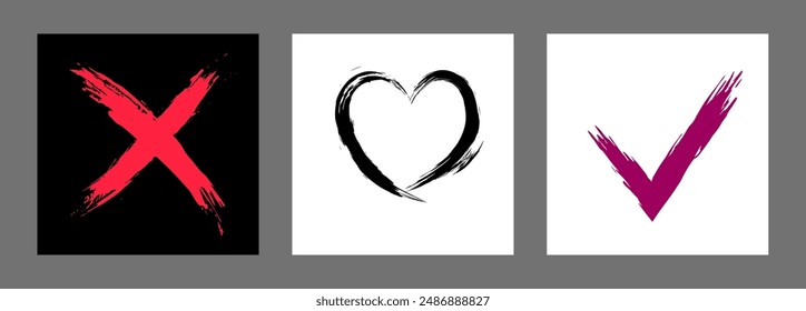 The cross, heart and OK symbol are hand-drawn with a brush. Prohibition, denial, error. Love. Approval, consent. Vector, set of 3 characters