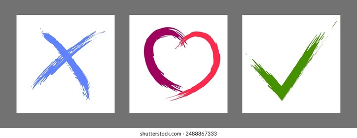 The cross, heart and OK symbol are hand-drawn with a brush. Prohibition, denial, error. Love. Approval, consent. Vector, set of 3 characters