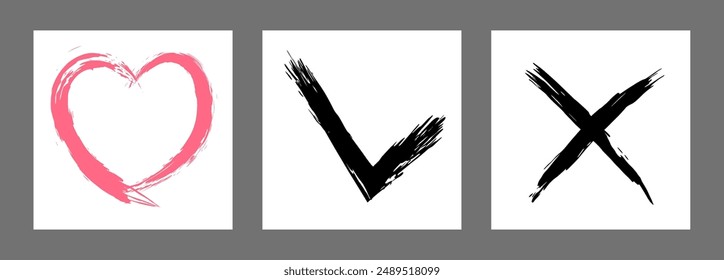 The cross, heart and OK symbol are hand-drawn with a brush. Prohibition, denial, error. Love. Approval, consent. Vector, set of 3 characters