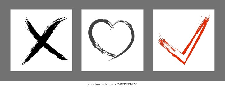 The cross, heart and OK symbol are hand-drawn with a brush. Prohibition, denial, error. Love. Approval, consent. Vector, set of 3 characters