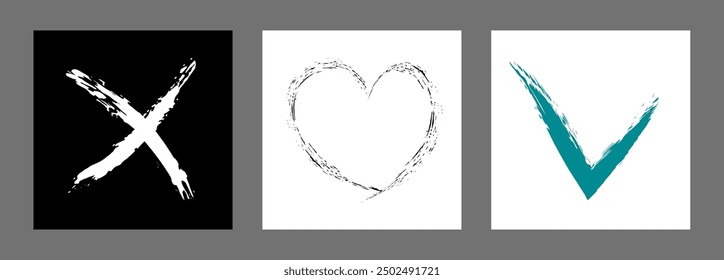 The cross, heart and OK symbol are hand-drawn with a brush. Prohibition, denial, error. Love. Approval, consent. Vector, set of 3 characters