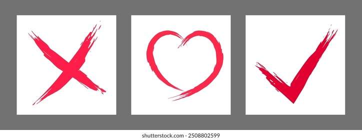 The cross, heart and OK symbol are hand-drawn with a brush. Prohibition, denial, error. Love. Approval, consent. Vector, set of 3 characters