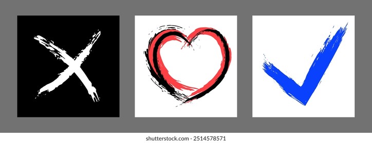 The cross, heart and OK symbol are hand-drawn with a brush. Prohibition, denial, error. Love. Approval, consent. Vector, set of 3 characters