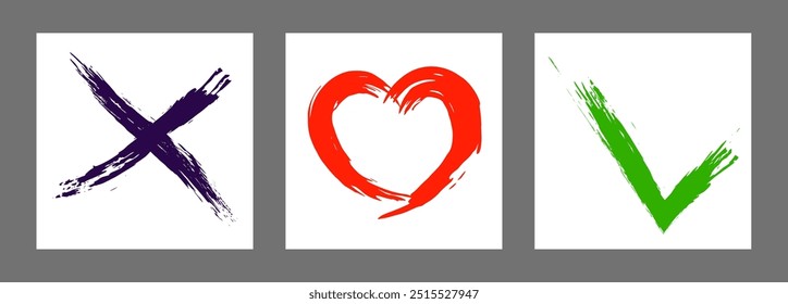 The cross, heart and OK symbol are hand-drawn with a brush. Prohibition, denial, error. Love. Approval, consent. Vector, set of 3 characters