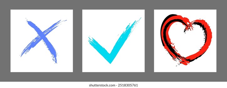 La cruz, el corazón y el símbolo OK están dibujados a mano con un pincel. Prohibición, negación, error. Amor. Aprobación, consentimiento. Vector, conjunto de 3 caracteres