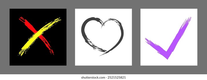 La cruz, el corazón y el símbolo OK están dibujados a mano con un pincel. Prohibición, negación, error. Amor. Aprobación, consentimiento. Vector, conjunto de 3 caracteres