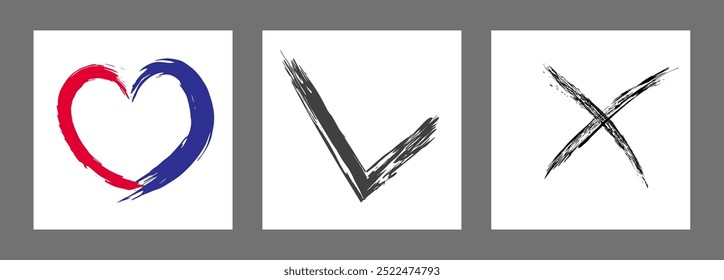 La cruz, el corazón y el símbolo OK están dibujados a mano con un pincel. Prohibición, negación, error. Amor. Aprobación, consentimiento. Vector, conjunto de 3 caracteres