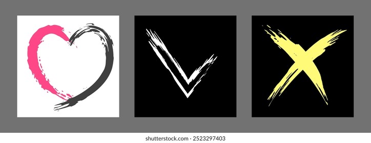 The cross, heart and OK symbol are hand-drawn with a brush. Prohibition, denial, error. Love. Approval, consent. Vector, set of 3 characters