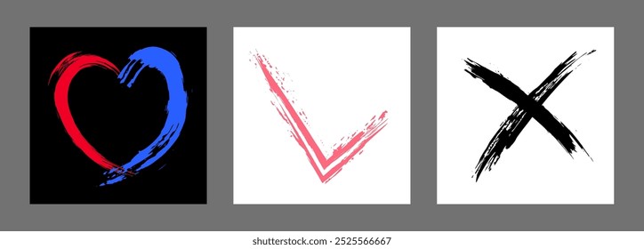 La cruz, el corazón y el símbolo OK están dibujados a mano con un pincel. Prohibición, negación, error. Amor. Aprobación, consentimiento. Vector, conjunto de 3 caracteres